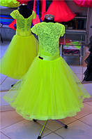 Платье для бальных танцеы-бейсик. Flo. Yellow из тканей фирм «Chrisanne» и «DSI» (Великобритания)