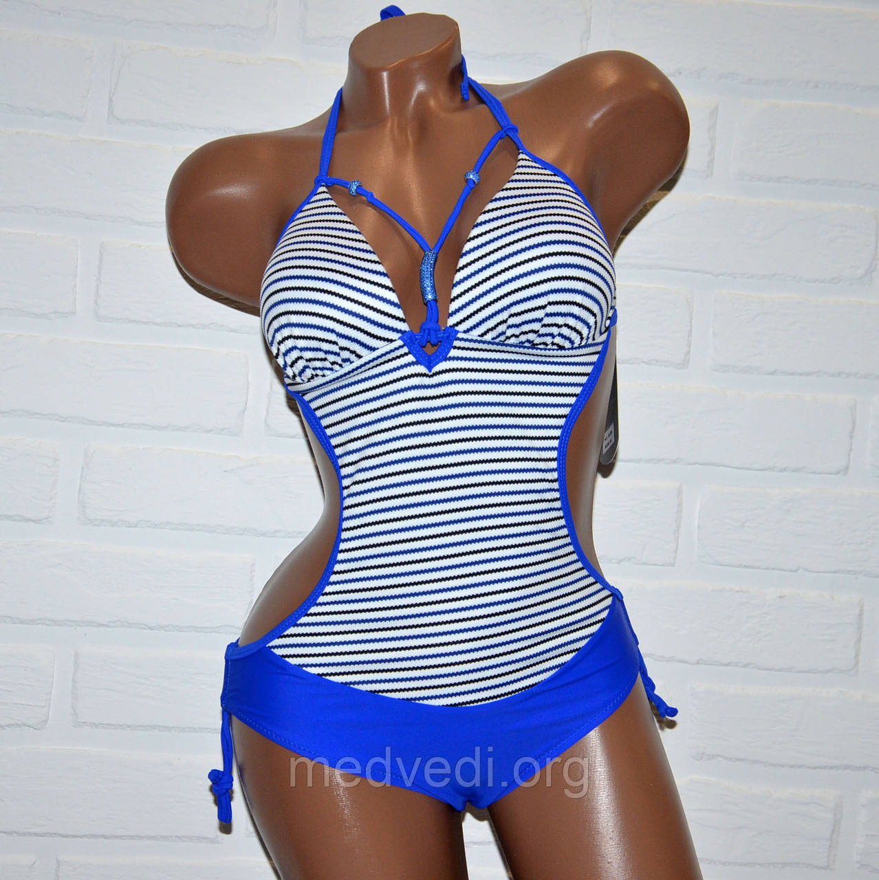 Розмір S жіночий Суцільний купальник, синій в смужку, відрядний, злитий, на зав'язках