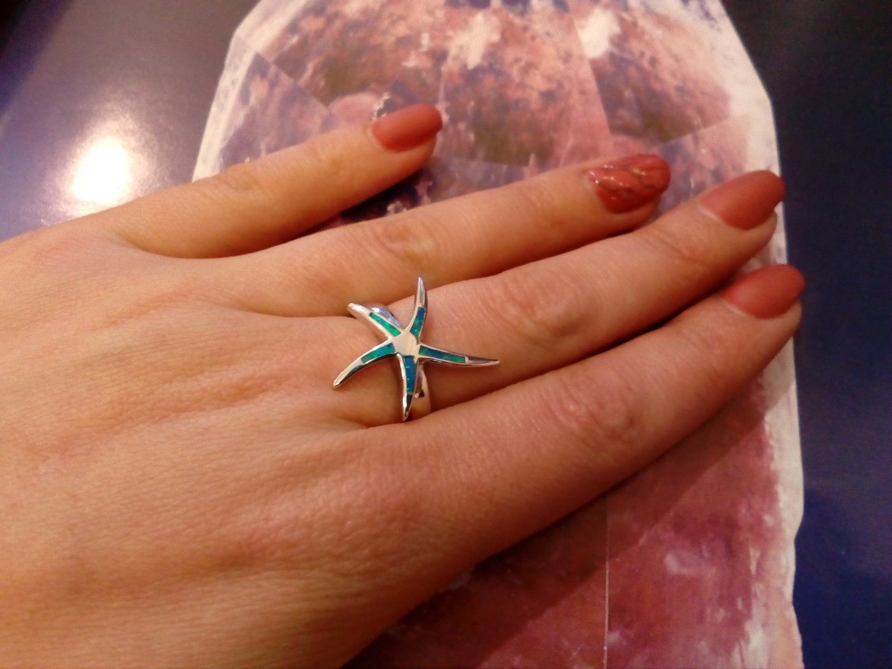 Оригинальное кольцо звезда с огненным опалом в серебре. Кольцо огненный опал 16-16,3 размер, фото 1