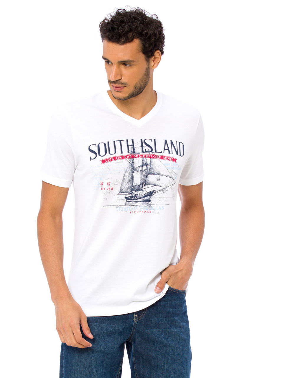 Біла чоловіча футболка LC Waikiki / ЛЗ Вайкікі з написом South island