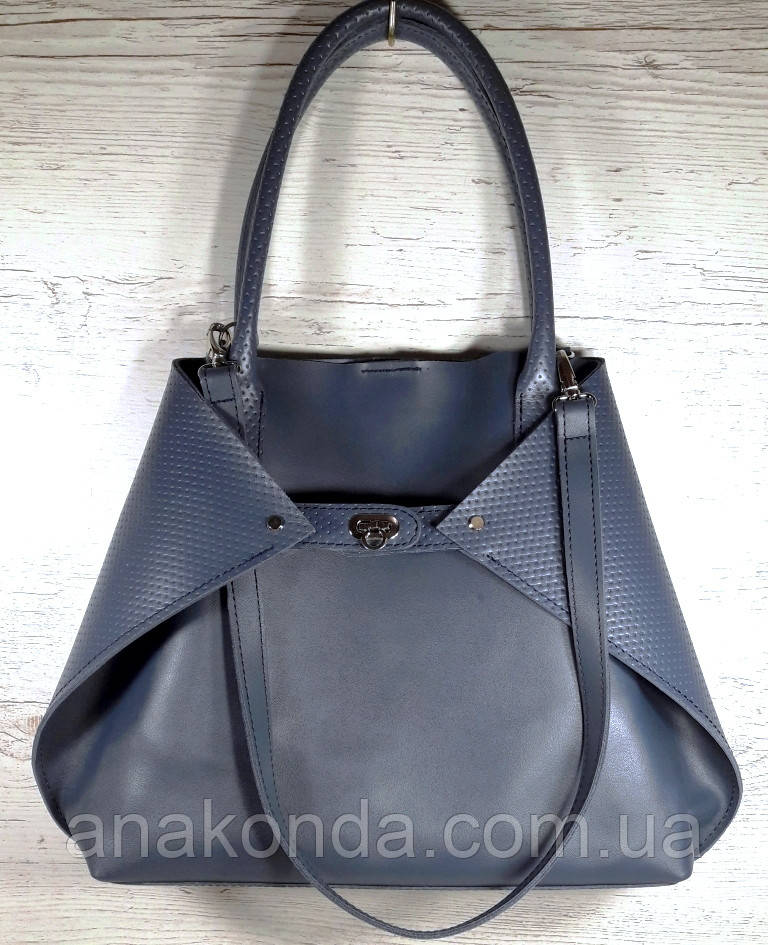 372 Натуральна шкіра, Сумка-трансформер жіноча без підкладки, світло-синя + тиснення рогожка