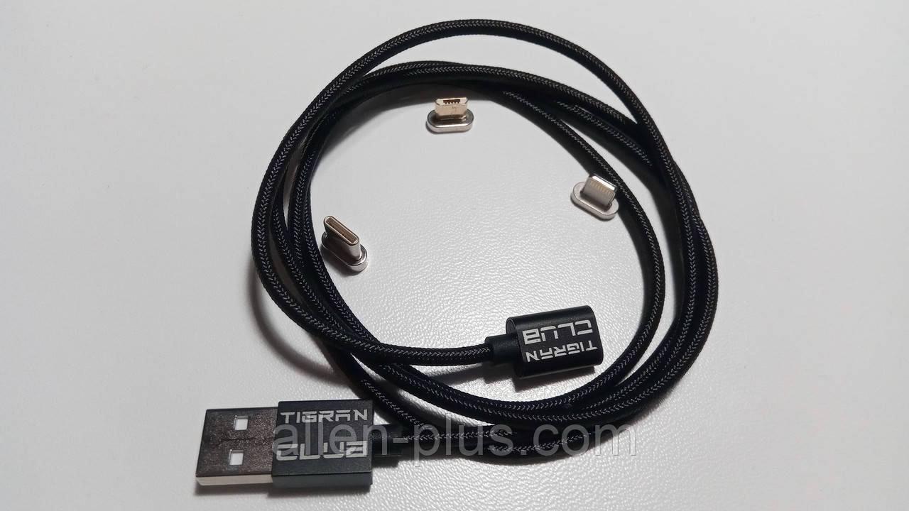 Tigran Club Манитный кабель USB 3 в 1 (Micro-USB/ USB Type-C/Lightning) Black (Гарантія 12 міс.)
