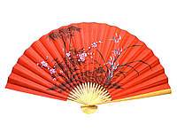 Веер настенный "Бамбук с сакурой на красном фоне" шелк