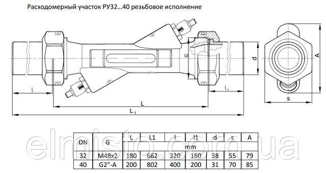 Габаритные размеры теплосчетчика Ду32-Ду40 муфта