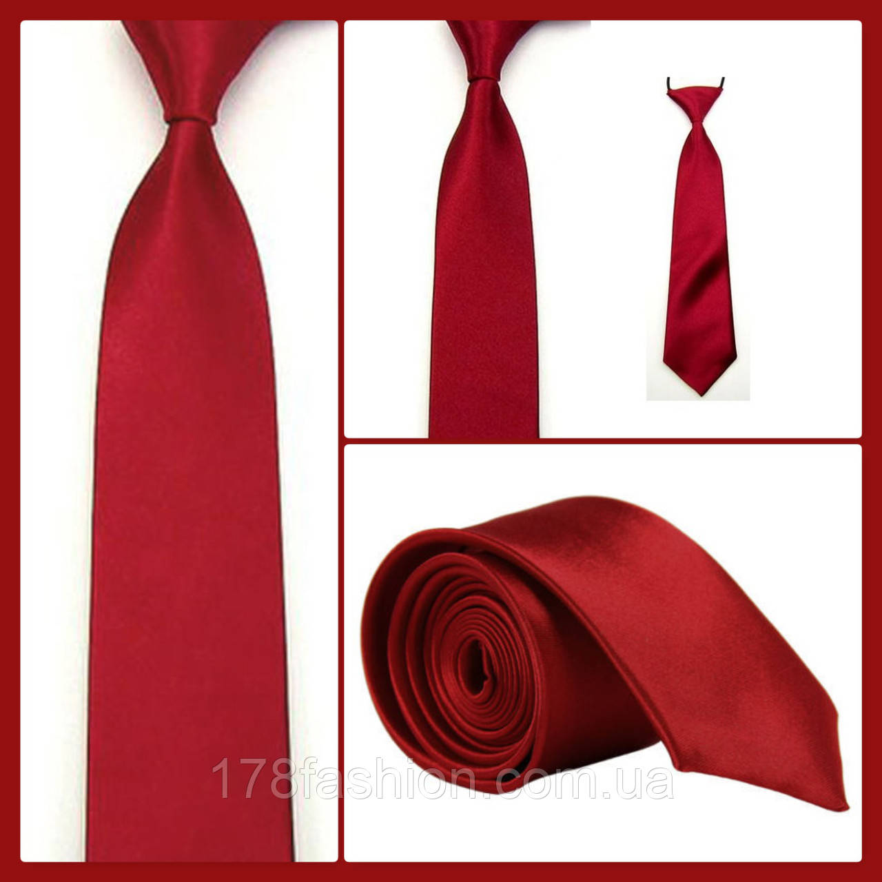 Стильна та модна дитяча однотонна атласна краватка No10 бордо, фото 1