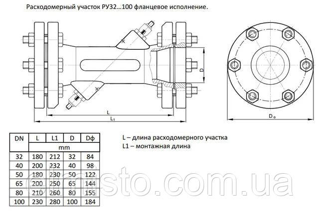 Габаритные размеры теплосчетчика Ду32 фланец