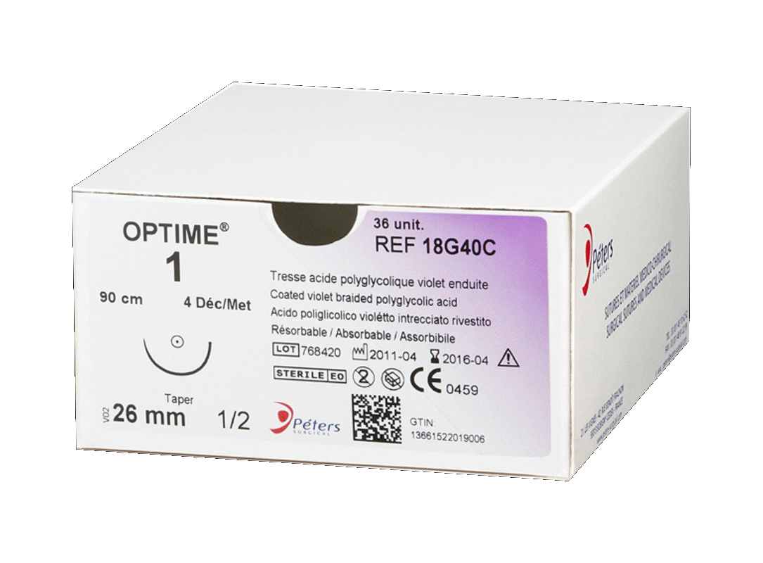 Нитка, що розсмоктується, OPTIME (Вікрил) 1, відрізки 5 х 70см, фіолетова, 1шт.