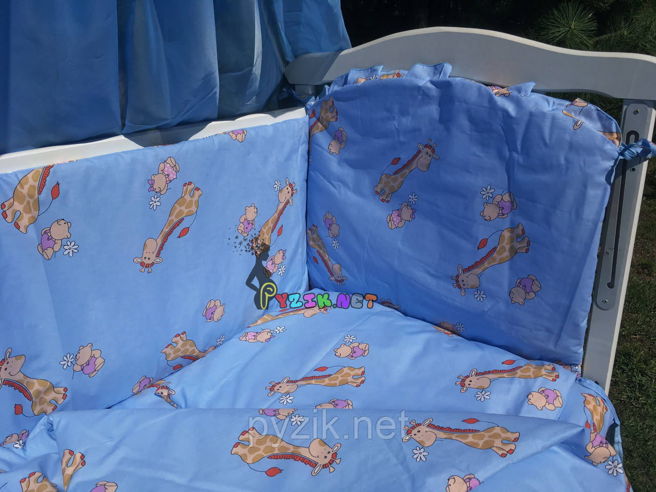 Постільний набір в дитячу ліжечко (8 предметів) Premium "Жирафи" синій