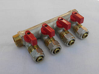 Колектор кульовий на чотири виходи 3/4*4 з кранами і фітингом