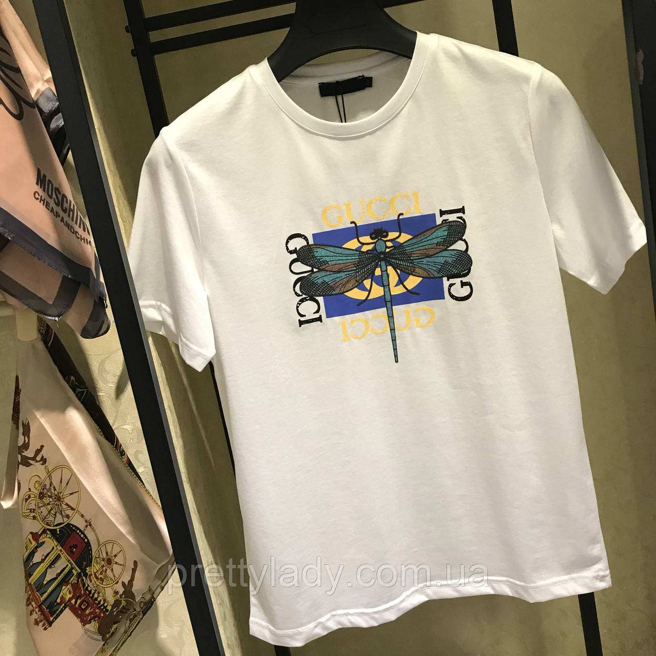 Жіноча вільна футболка в стилі Gucci зі Стрекозою біла