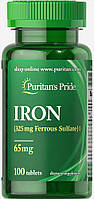 Заліза сульфат, Iron Ferrous Sulfate 65 mg, Puritan's Pride, 100 таблеток