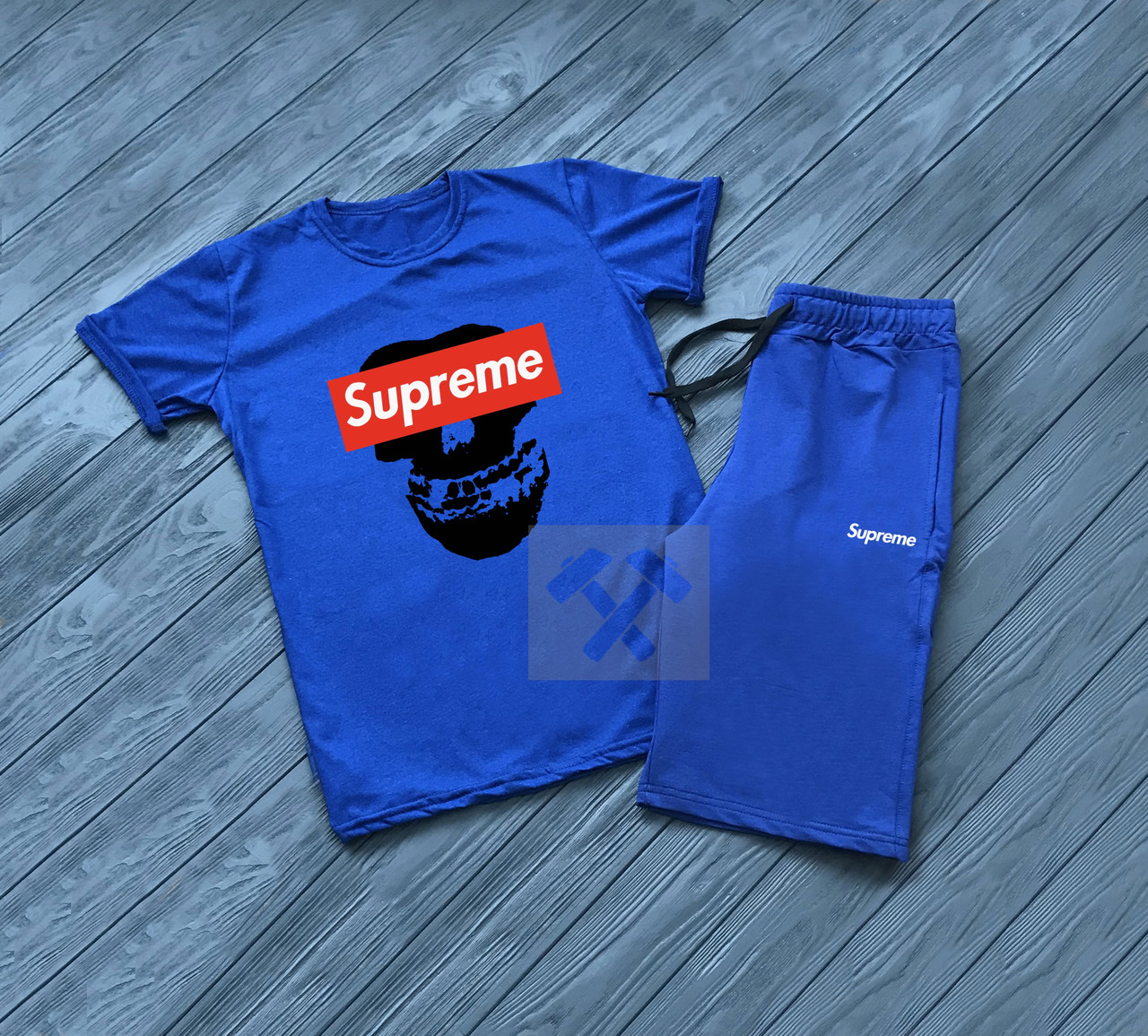 Чоловічий комплект футболка + шорти supreme синього кольору (люкс) S