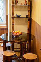 Обеденный столик, табуретки, полочка из стекла и бамбука