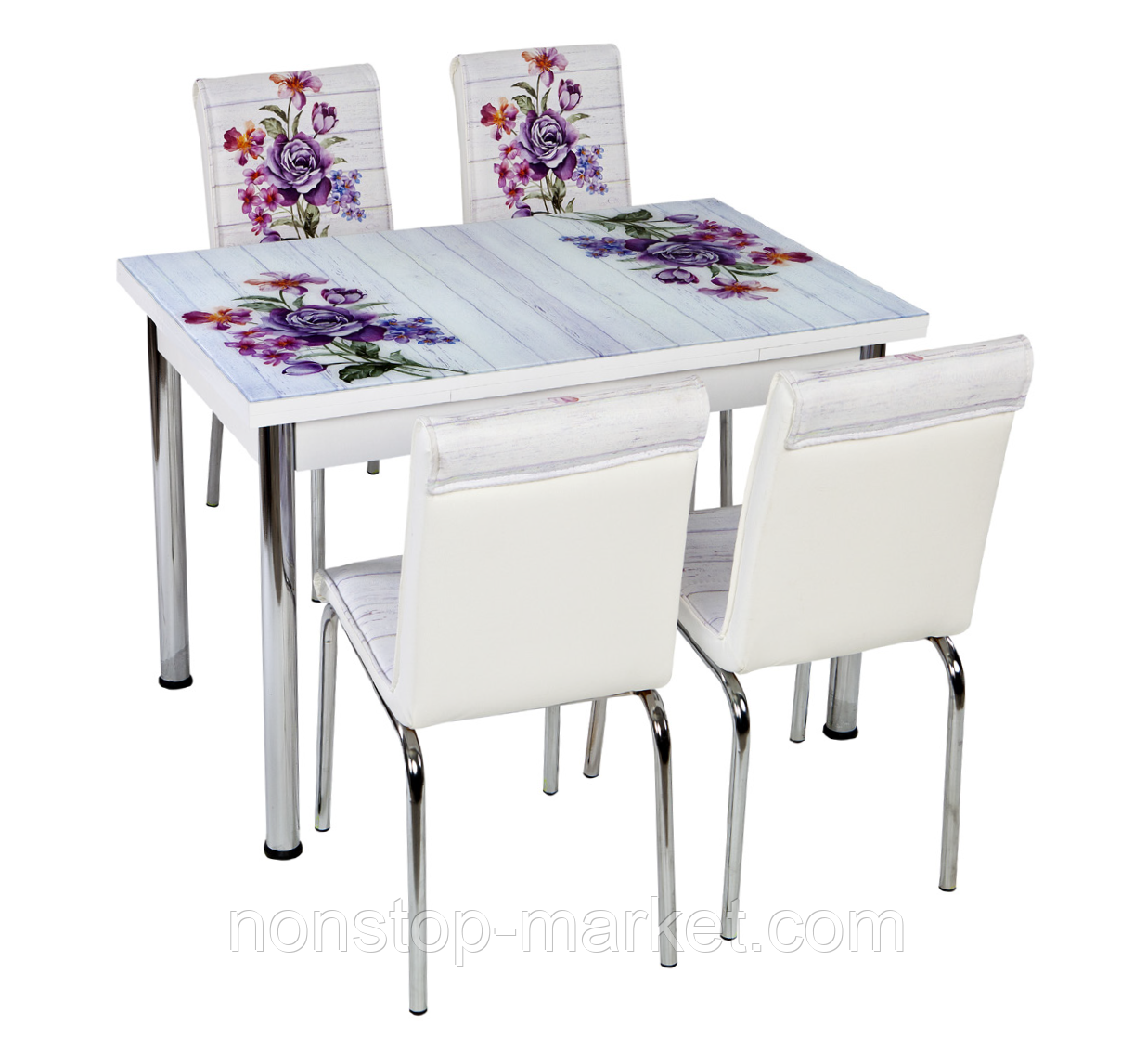 Розкладний стіл обідній кухонний комплект стіл і стільці 3D малюнок 3д "Фіолетовий букет" ДСП скло 70*110 Mobilgen 998