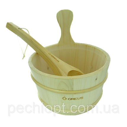 Набір Greus сосна (шайка 4 л + черпак) з пластиковою вставкою для лазні та сауни, фото 1