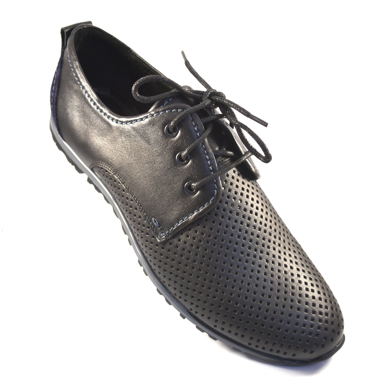 Взуття великих розмірів чоловічі літні кросівки шкіряні в сіточку Rosso Avangard BS ANBlack чорні, фото 1