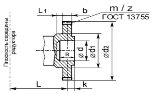 Приєднувальні розміри у вигляді зубчастої напівмуфти редуктора 1Ц2У