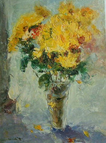 Картина нарисована маслом на холсте ( 43 х 32 см.) "Желтые хризантемы" ручная работа, фото 2