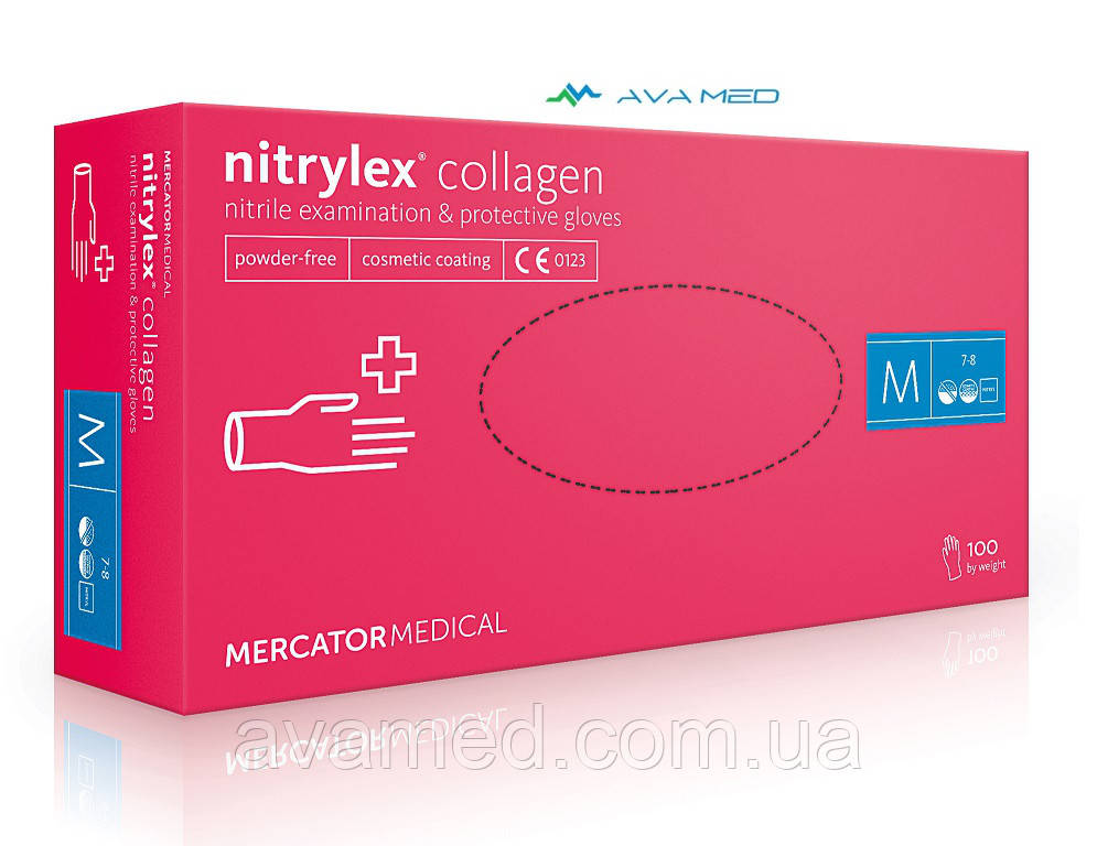 Рукавички Nitrylex PINK/Collagen, рожеві нітрилові оглядові нестерильні, неопудрені