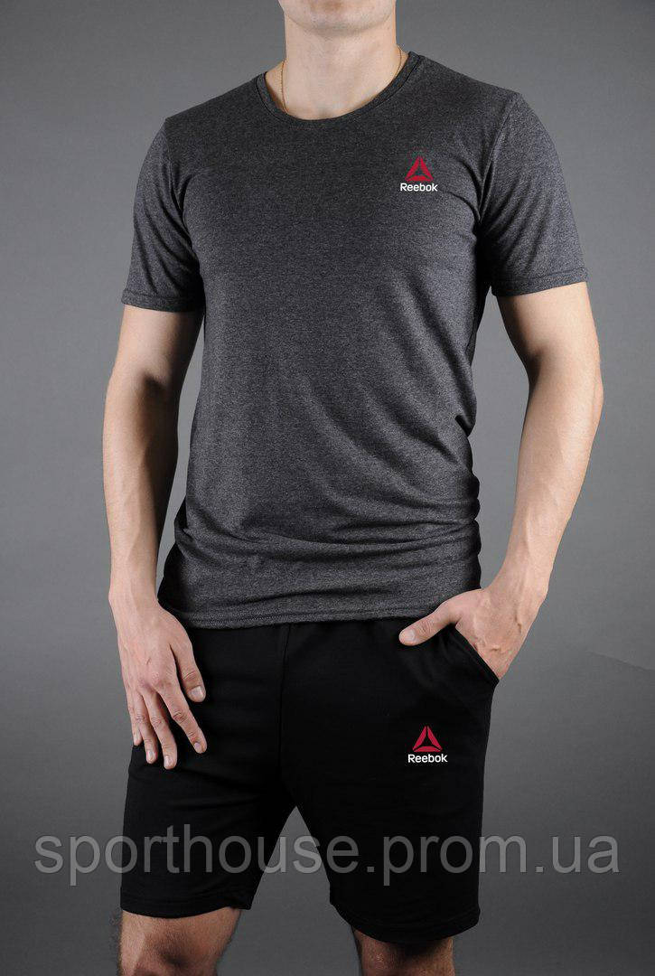 Чоловічий комплект футболка + шорти Reebok чорного і сірого кольору (люкс) S