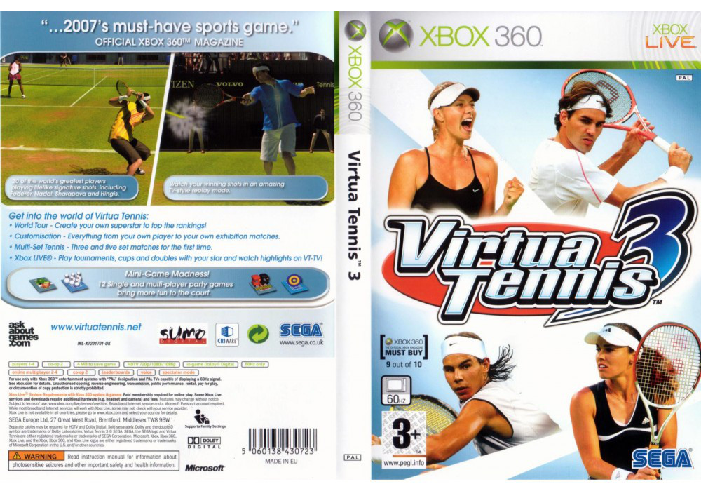 Гра для ігрової консолі Xbox 360, Virtua Tennis 3 (LT 3.0, LT 2.0)