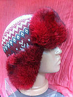 Красива в'язана вушка з орнаментом з хутром кролика