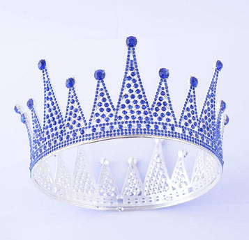 219 Високі корони із синіми каменями. Елітні весільні корони гуртом.