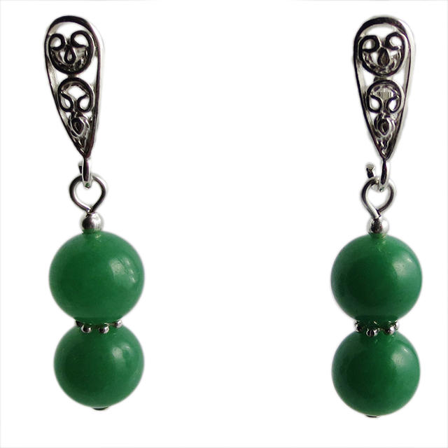 Нефрит, сережки, подвійні срібло