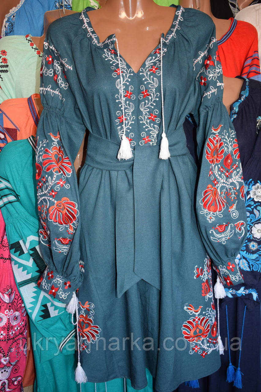 Джинсове плаття з вишитими червоними квітами "Вікторія", фото 1