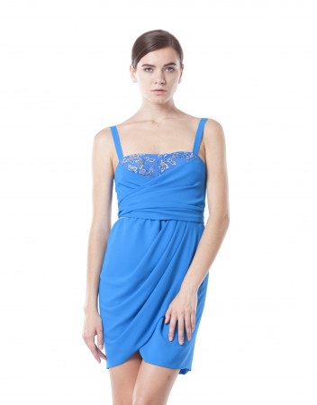 Ошатне плаття-бюстьє на широких бретелях шифонова по коліно синього кольору,