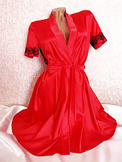 Яскравий атласний халат із коротким рукавом і ажурною спинкою Червоний, фото 2