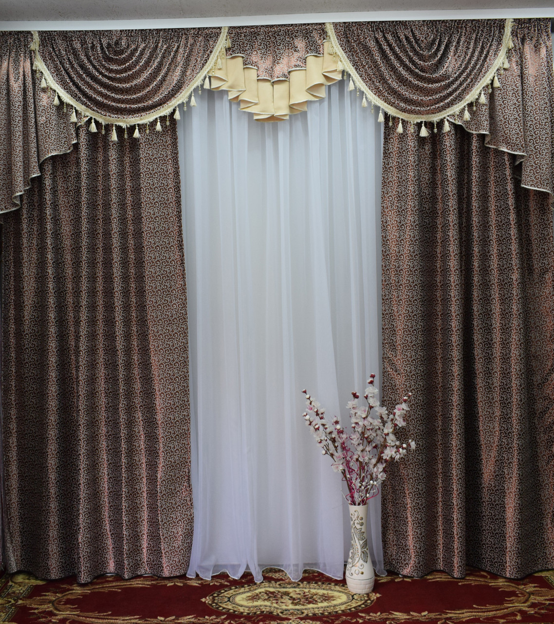 Готовий ламбрекен і штори з бахромою No325, шоколадний