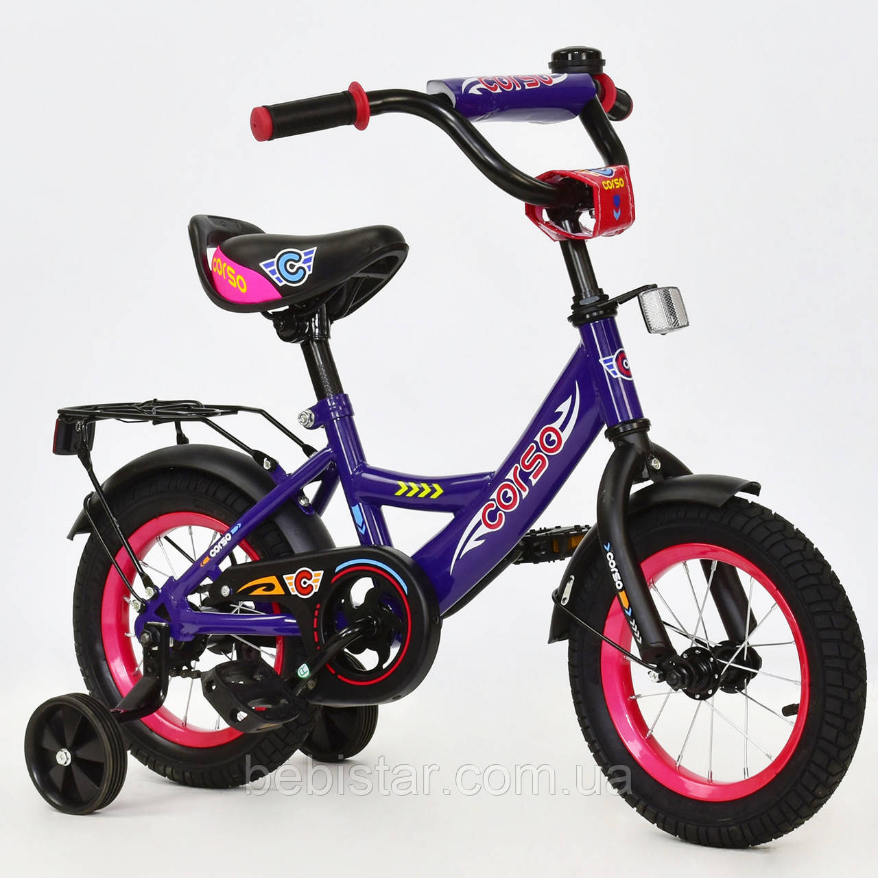 Двоколісний велосипед Corso 12" дітям 3-4 роки колір фіолетовий, рожевий обід