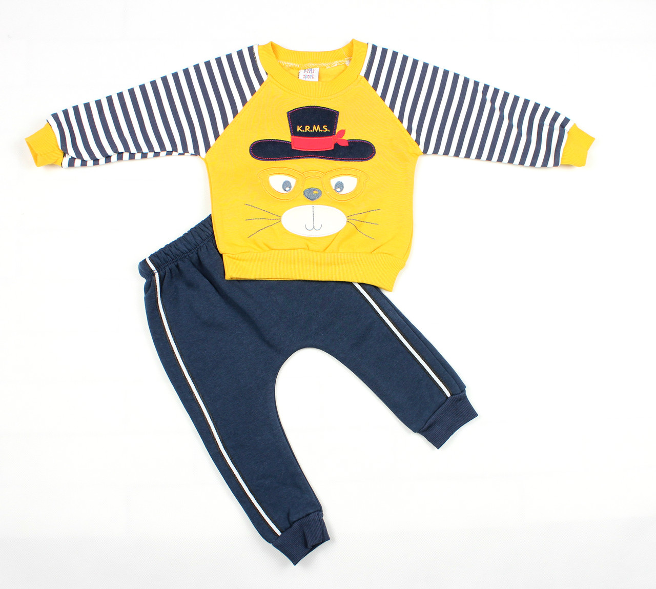 Теплий спортивний дитячий костюм жовто-синього кольору для хлопчика "Кіт-матрос"