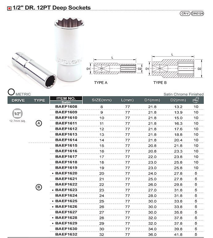 Головка торцева довга 12-гранна 1/2" 30мм TOPTUL BAEF1630