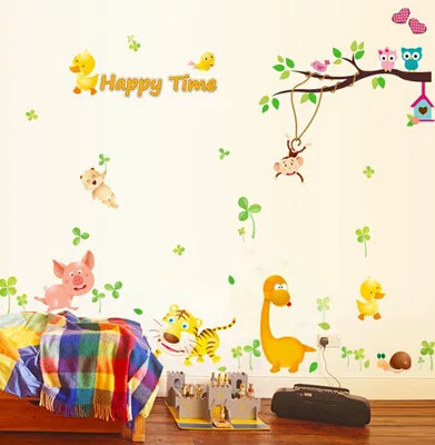Наклейка на стену, виниловые наклейки мультфильм "Happy time " 125см*180см(лист90*60см)