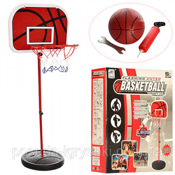 Баскетбольне кільце M 2995 на стійці (висота регулюється 105см-139см), щит, сітка, м'яч, насос, в коробці 30,5-36-10см, фото 1