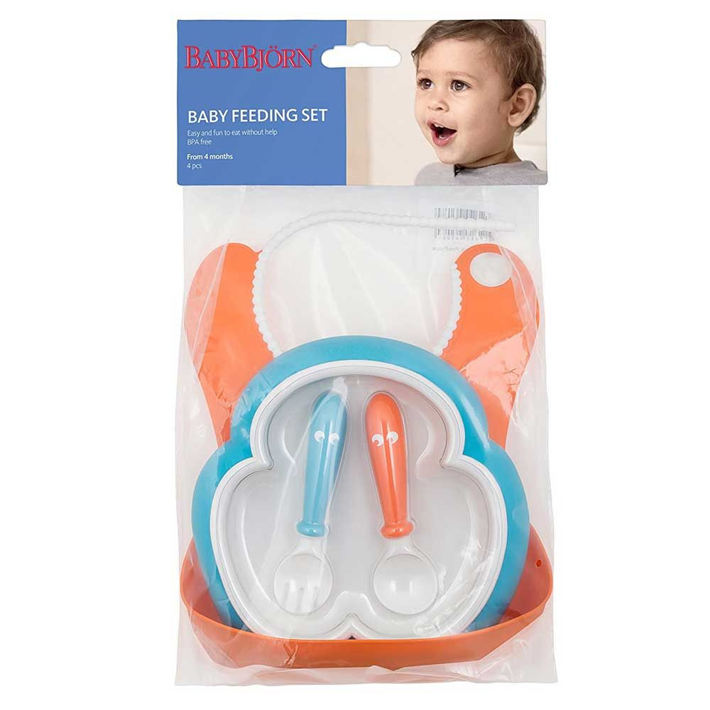 Дитячий набір із ложки та вилки, нагрудник BabyBjorn Feeding Set Orange/Turquoise Жовтогарячий з бірюзовим