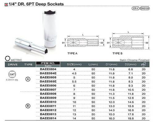 Головка торцева довга 1/4" 8мм TOPTUL BAEE0808, фото 2