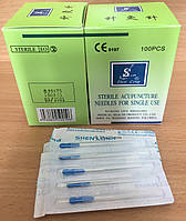 Акупунктурні голки ShenLong 0,25*25 для рефлексотерапії з посрібленою ручкою і напрямною трубкою стерильні 100 шт