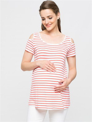 Біла жіноча футболка для вагітних LC Waikiki/ЛС Вайки в червоні смужки