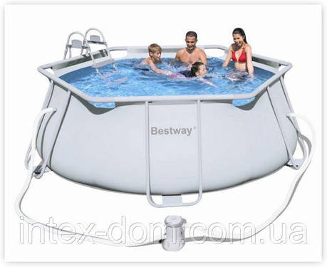 Каркасний шестикутний басейн Bestway 56245A, розмір 356 см х 102 см+Сходи для басейну Bestway, фото 1
