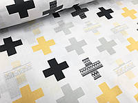 Польская хлопковая ткань "Плюсики черно-желтые на белом"