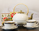CANE HANDLE TEA POT 1600ml Фарфоровий чайник біло-золотий з бамбуковою ручкою, фото 4