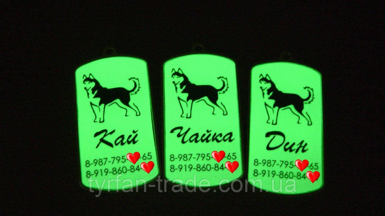 Адресник для собаки светящийся ночью в темноте- зеленое и фиолетово синее свечение изготовим за 1 час - фото 1 - id-p709564172