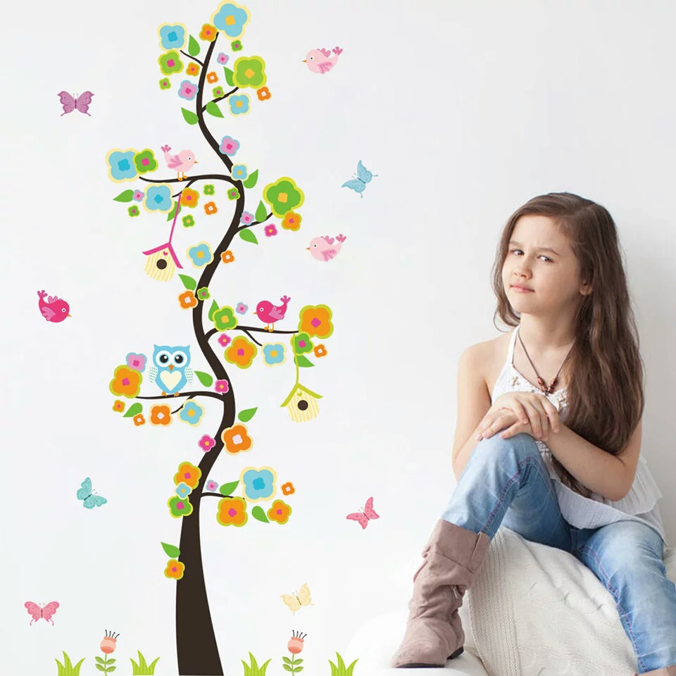 Наклейка на стіну, інтернет-магазин дитячих наклейок "сови з пташками на дереві" 110*57 см (лист 30*90см)