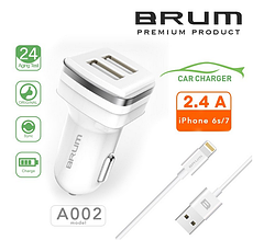 Автомобільний зарядний АЗП BRUM BM-A002 (2USB 2.4 A) + кабель Lightning (iPhone 5/6/7/8/X) білий
