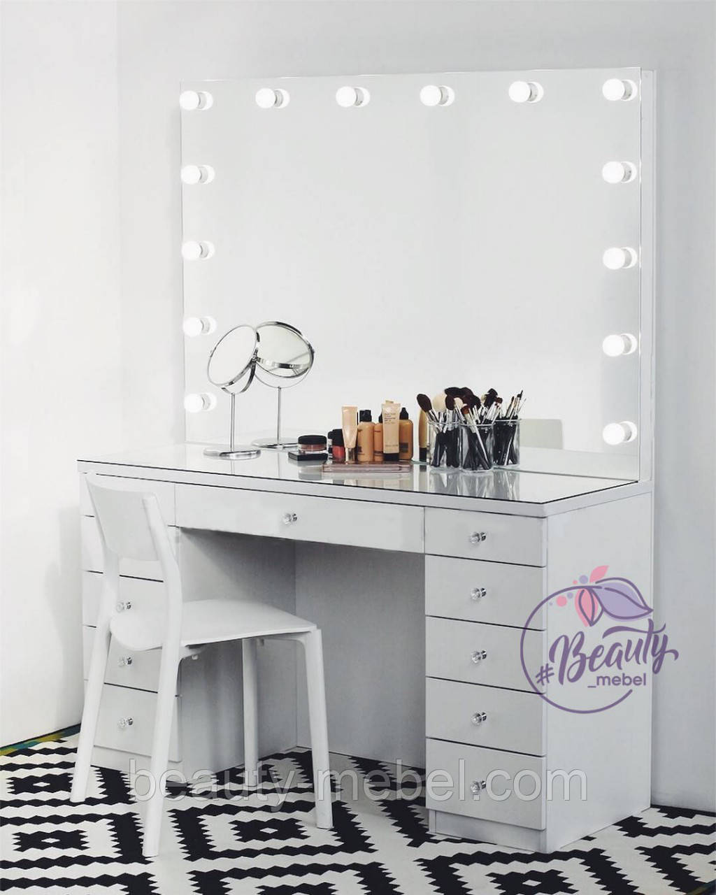 Стіл для візажиста "Кристал", гримерное дзеркало з підсвічуванням,туалетний столик для макіяжу, білий, фото 1