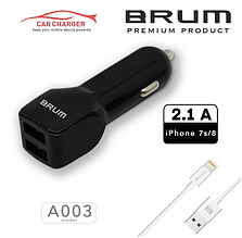 Автомобільний зарядний АЗП BRUM BM-A003 (2 USB 2.1 A) + кабель Lightning (iPhone 5/6/7/8/X) чорний