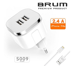  Мережевий зарядний пристрій, ЗЗП, адаптер BRUM BM-S009 (2USB 2.4 A) +кабель Lightning (iPhone 5/6/7/8/X) білий